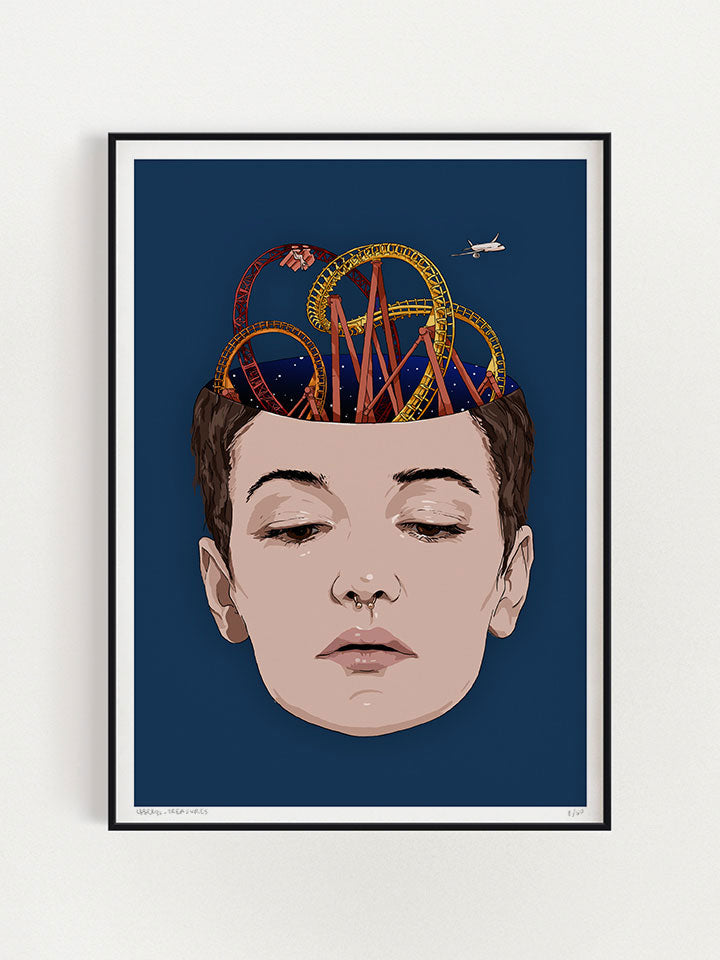 Print original wall art painting by Berlin-based artist Useless Treasures. A portrait of a young woman with a nose septum piercing and short hair with colorful roller coasters appearing in her head on a dark blue background.