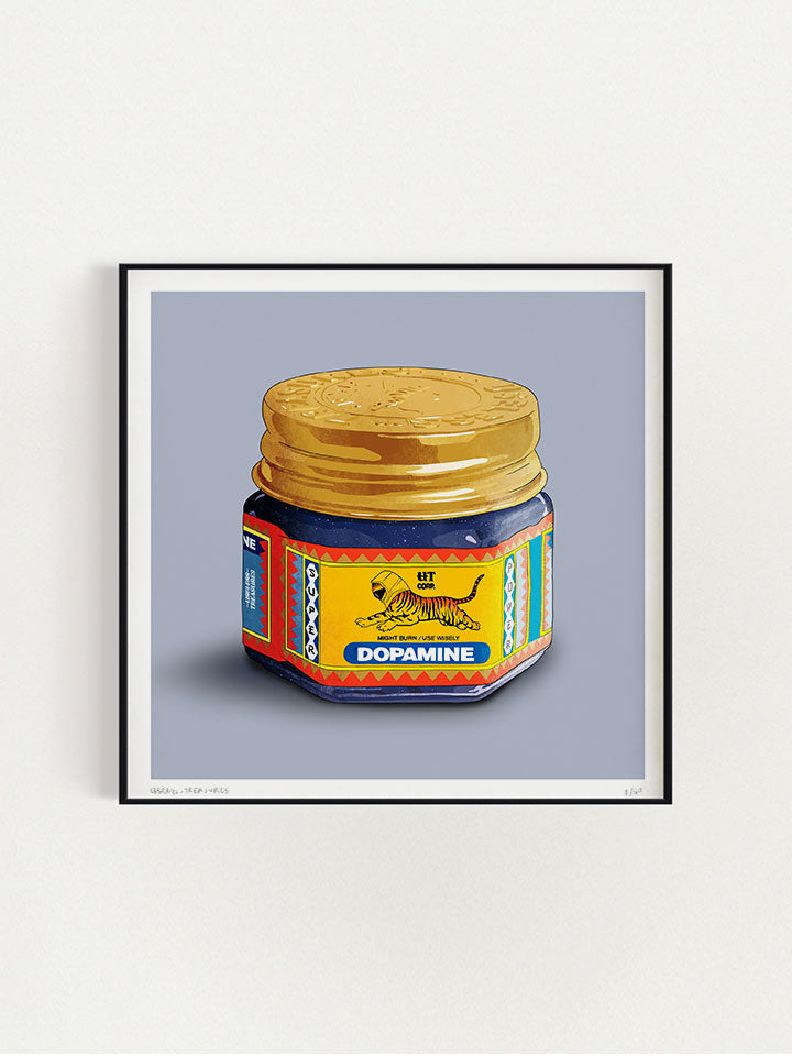An Illustration of a tiger balm package, on the label written dopamine and the tiger image on the label wearing a space element, on top of gray background- Art by Useless Treasures. 