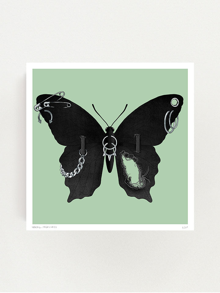 An illustration of a black Butterfly with wings made of black jeans with a tear in one wing and a silver chain on the other wings connected to the jeans belt hops. It also has earrings like safety pins and piercing on top of a green background- Art by useless treasures.