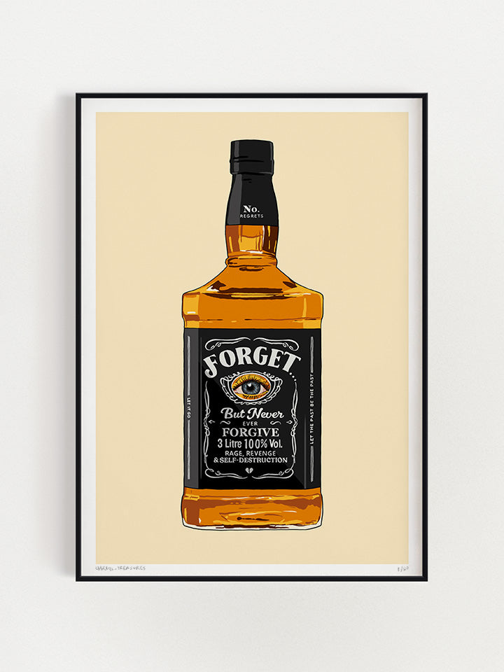 An illustration of a whiskey bottle reminds Jack Daniel's bottle on top of beige background. On the bottle, written forget but never forgive with an illustration of an eye in the middle- Art by useless treasures 