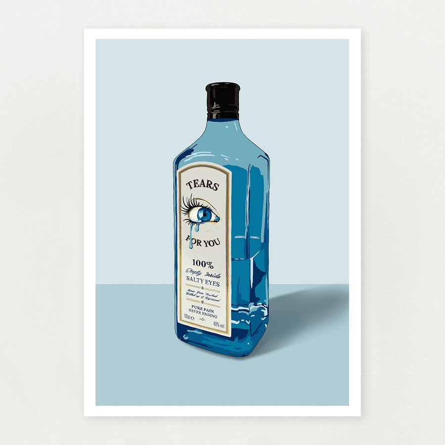 An illustration of a Gin tonic bottle reminds Bombay sapphire bottle. On the label of the bottle, written Teras for you and illustrations of a blue eye with a tear in the middle- Art by useless treasures 