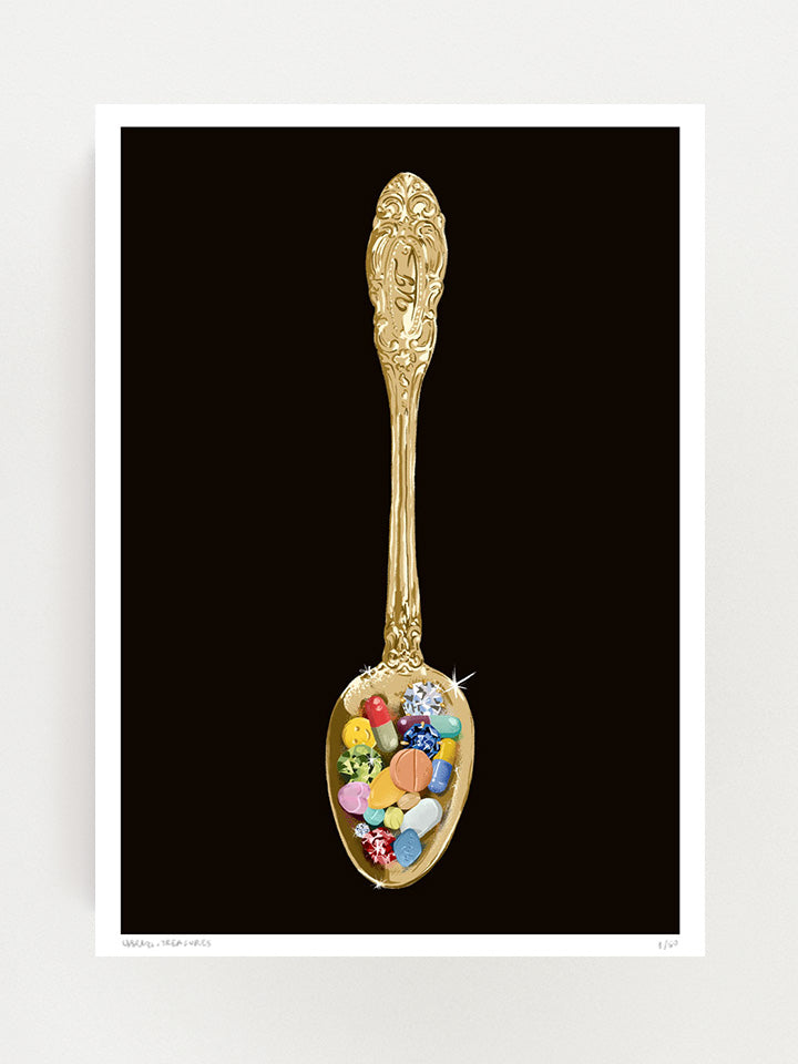 Illustration of a gold teaspoon with pills of drugs MDMA and diamonds on top of black background- ​Art by useless treasures