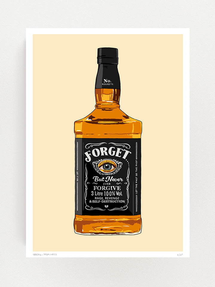 An illustration of a whiskey bottle that Jack Daniel's bottle on top of beige background. On the bottle, written forget but never forgive with an illustration of an eye in the middle- Art by useless treasures