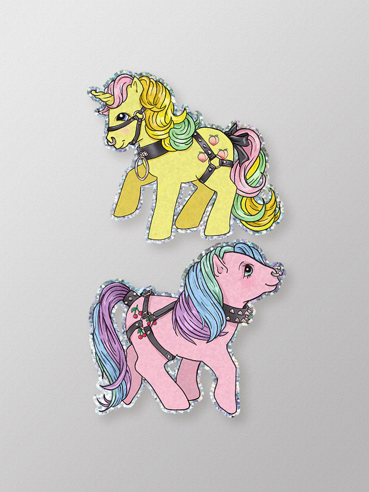 Glitter twin stickers set of unicorn color yellow and pink with piercing and harness- - Art by Useless Treasures 