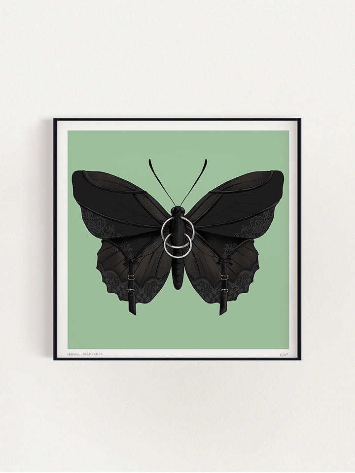 Black butterfly Illustration with black laces and piercings on top of green background - Art by useless treasures