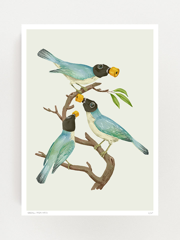 An illustration of three birds standing on a branch, all three birds are wearing a gas mask on top of a beige background- Art by useless treasures.