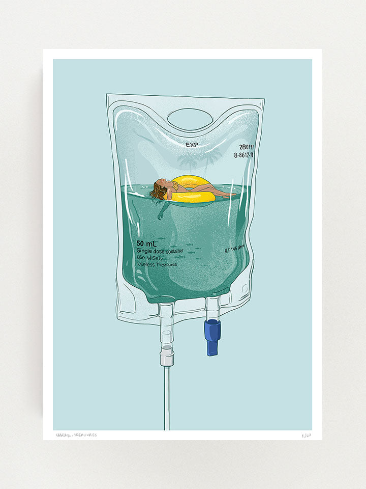 Vacation - Print wall art painting by Berlin-based artist Useless Treasures. An original illustration of An infusion bag filled with a clear liquid simulating the clear waters of a tropical island, watched by a beautiful girl on a yellow sea wheel.