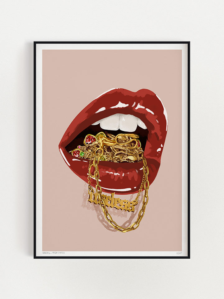 An illustration of an open mouth with red lips, the mouth is full of gold pieces of jewelry. Two necklaces fall out of the mouth; on one of them, there is a pendant written useless on top of pink background  - Art by useless treasures.