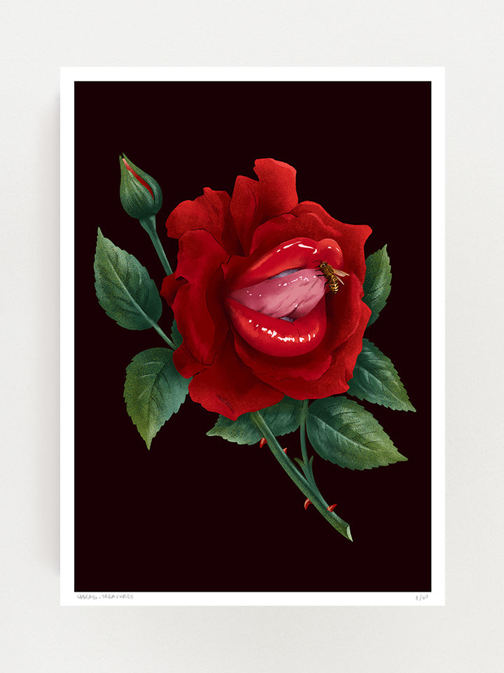 Illustration of a red rose with big red lips and a tongue popping out, almost touching a bee that flying by, on top of a very red background - art by useless treasures.