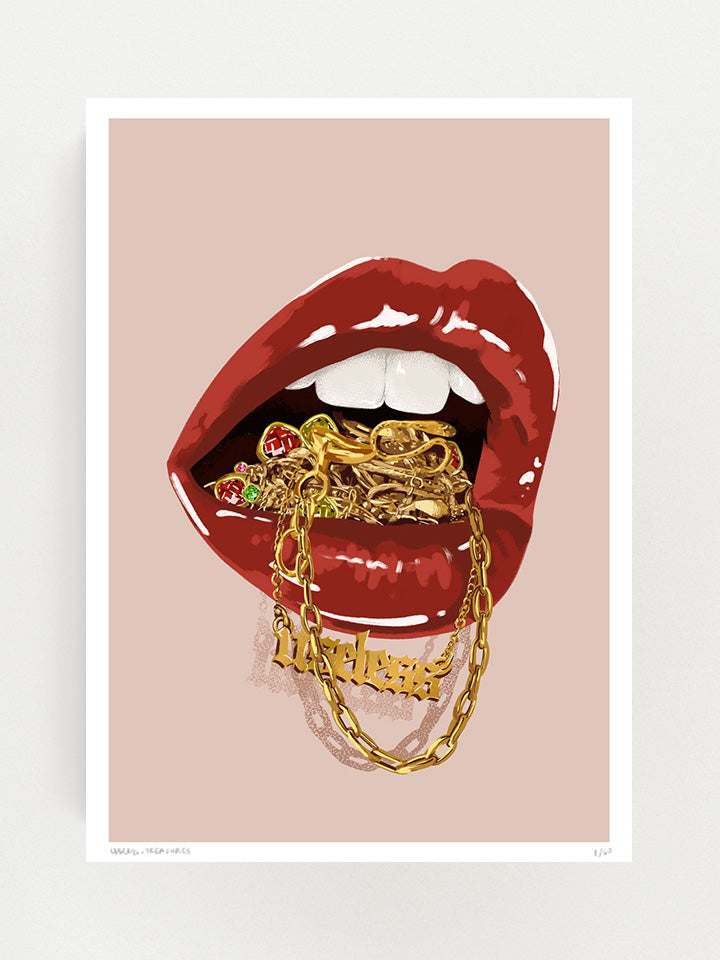 An illustration of an open mouth with red lips, the mouth is full of gold pieces of jewelry. Two necklaces fall out of the mouth; on one of them, there is a pendant written useless on top of pink background  - Art by useless treasures.