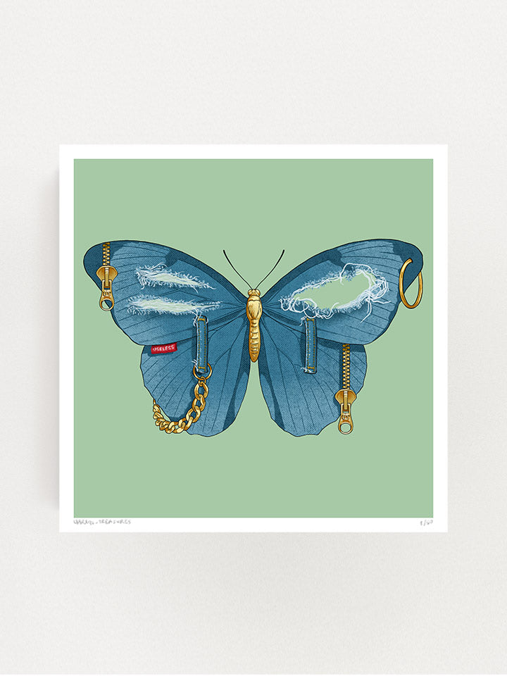 An illustration of a Butterfly with wings made of used jeans with tears and zippers on top of a green background- Art by useless treasures.