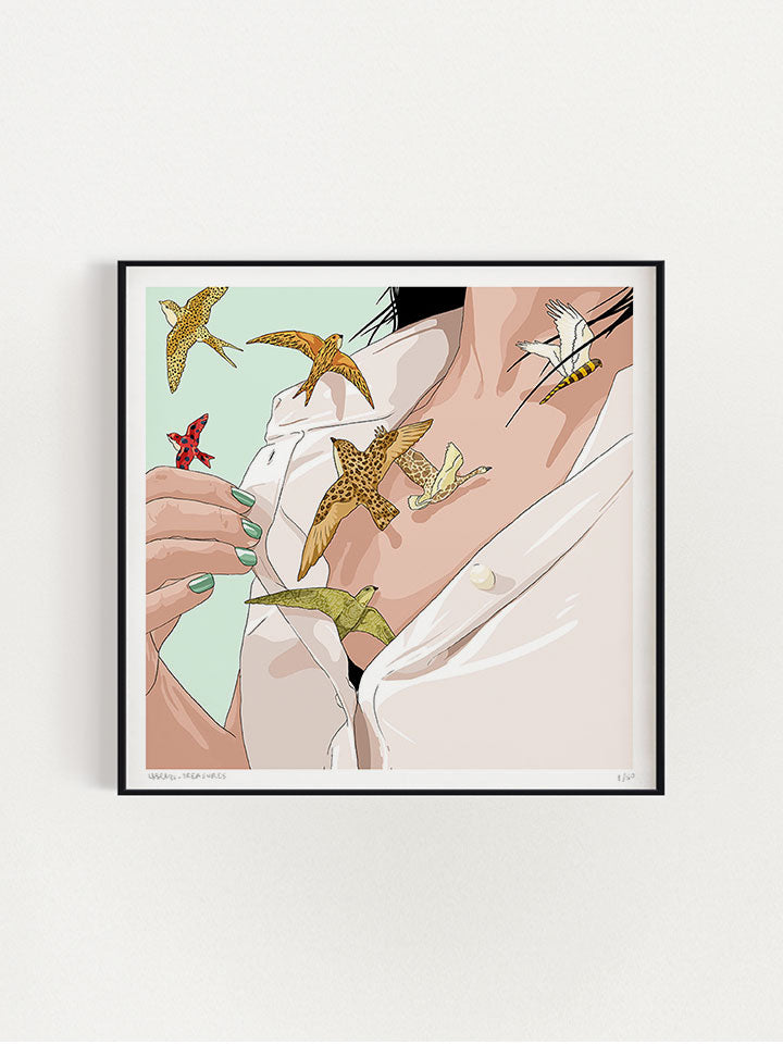 An illustration of the upper body of a woman wearing a white shirt with open bottoms, the birds are flying out of her shirt - Art by useless treasurtes
