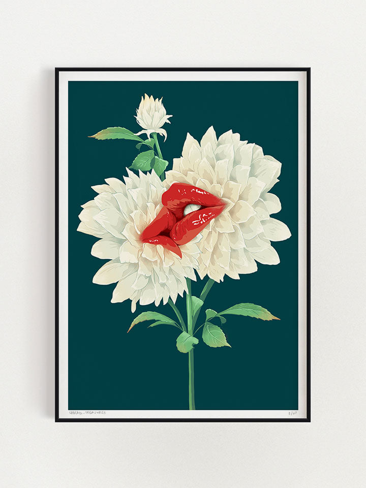 In bloom - Print wall art painting by Berlin-based artist Useless Treasures. Vintage-inspired botanical illustration of two white flowers with bold red lips kissing. On a dark green background. 