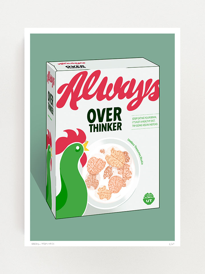Illustration of a cereal box with a cock on it on top of green background. The box reminds Kellogg's cereal box. In the middle of the box, there is a bowl with milk and small brains flooding like cereals, and on the top is written - Always overthinking - Art by useless treasures