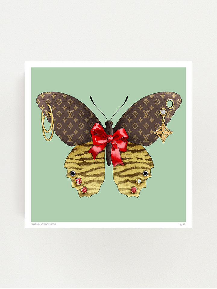 A Butterfly illustration with a red ribbon in the middle on top of a green background, his upper wings are with a Louis Vuitton pattern, and his bottom wings are with a leopard pattern - Art by useless treasures