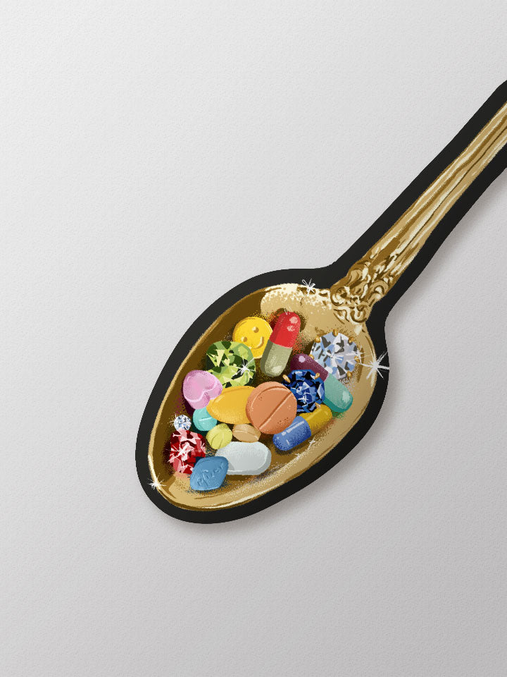 A ​golden mirror extra-large sticker​ of​ gold teaspoon with pills of drugs MDMA and diamonds - ​Art by useless treasures