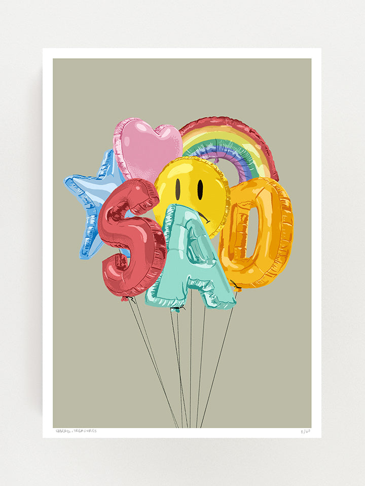 Sad -  Print original wall art painting by Berlin-based artist Useless Treasures. Pop art style artwork of letter aluminum colorful balloons spelling the word sad. With a rainbow balloon and a sad smiley balloon. 