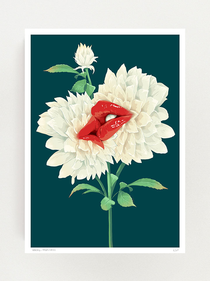 In bloom - Print wall art painting by Berlin-based artist Useless Treasures. Vintage-inspired botanical illustration of two white flowers with bold red lips kissing. On a dark green background. 