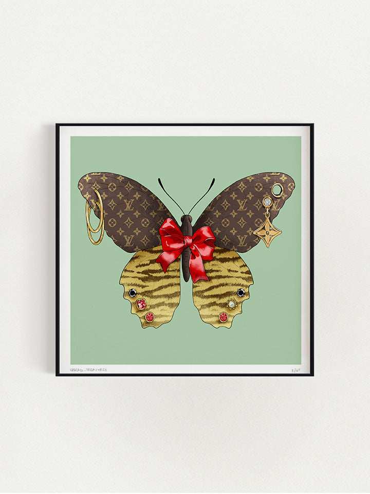 A Butterfly illustration with a red ribbon in the middle on top of a green background, his upper wings are with a Louis Vuitton pattern, and his bottom wings are with a leopard pattern - Art by useless treasures.