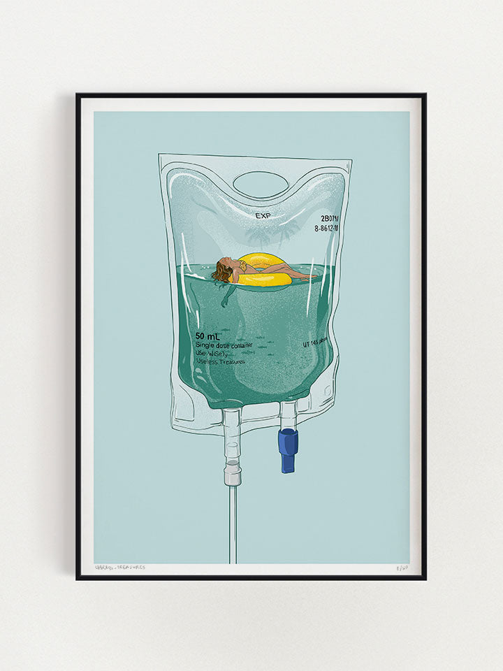 Vacation - Print wall art painting by Berlin-based artist Useless Treasures. An original illustration of An infusion bag filled with a clear liquid simulating the clear waters of a tropical island, watched by a beautiful girl on a yellow sea wheel.