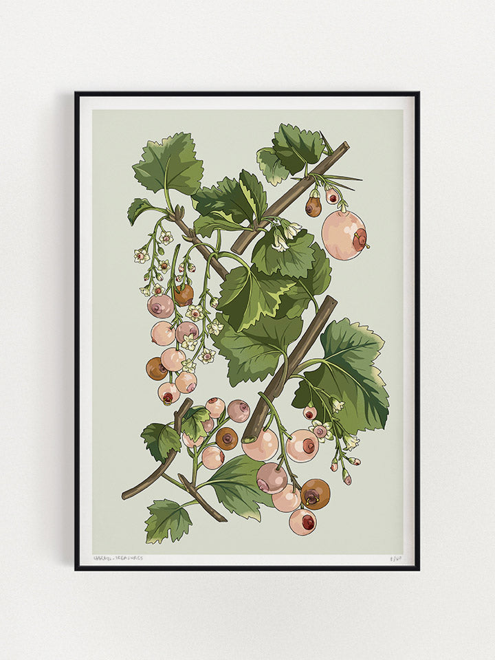 A6 greeting card with an Illustration of a tree branch with leaves that the fruits that are hanging from it look like boobs, on top of white background  - Art by useless treasures  