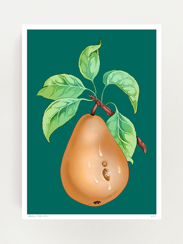 Juicy - Print wall art painting by Berlin-based artist Useless Treasures. Vintage-inspired botanical illustration of a juicy pear with a belly piercing on a dark green background. 