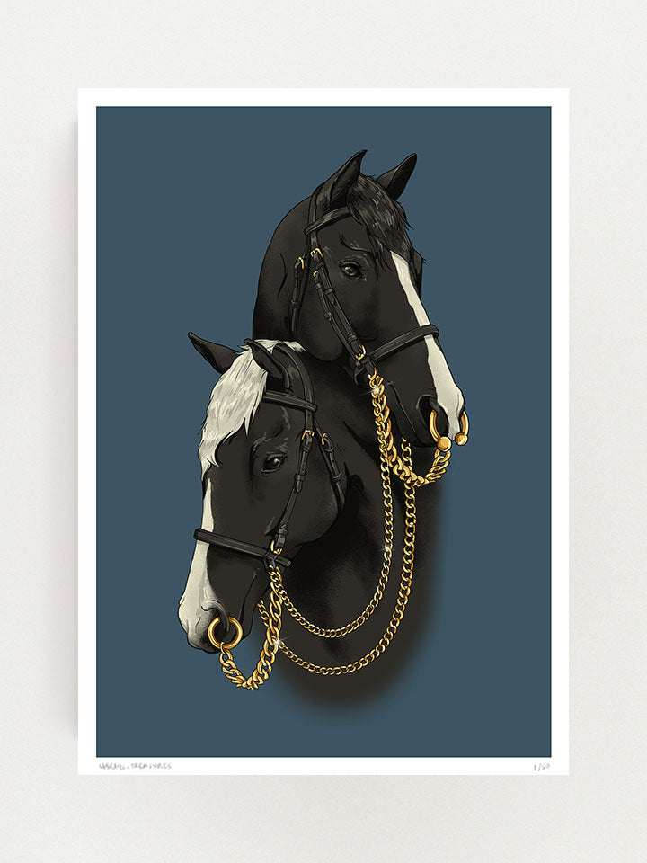 Untamed -  Print wall art painting by Berlin-based artist Useless Treasures. A couple portrait of two beautiful black horses with gold jewelry and gold chains and piercings. 