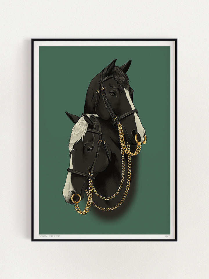 Untamed -  Print wall art painting by Berlin-based artist Useless Treasures. A couple portrait of two beautiful black horses with gold jewelry and gold chains and piercings. 
