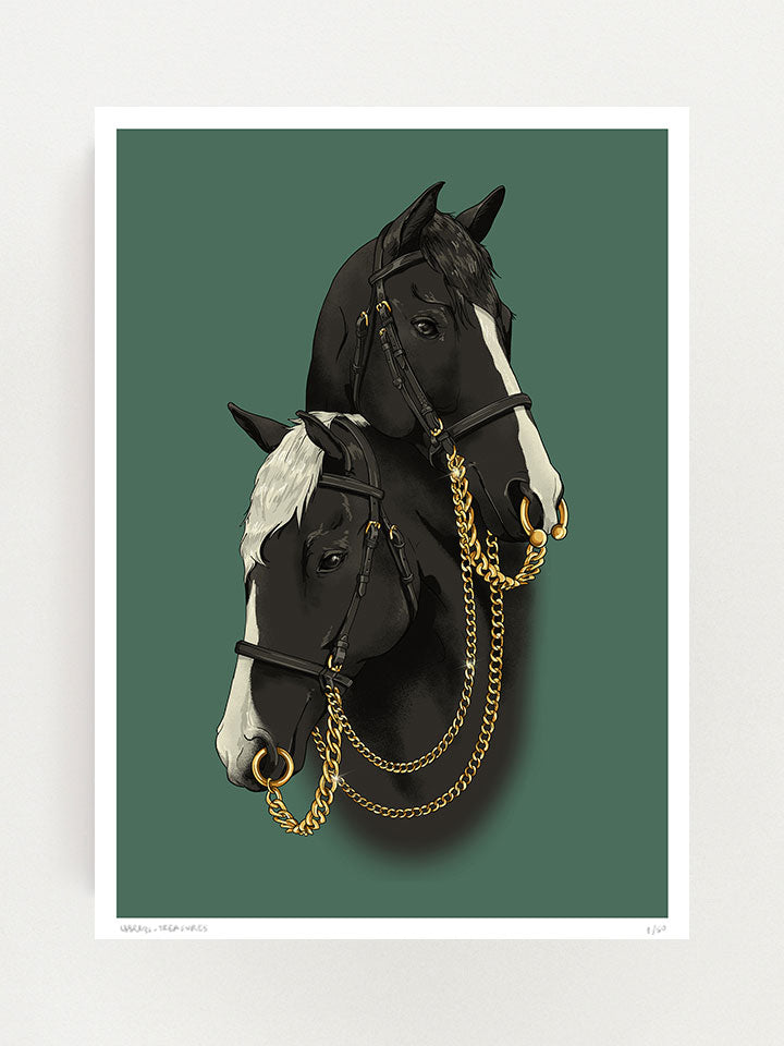 Untamed -  Print wall art painting by Berlin-based artist Useless Treasures. A couple portrait of two beautiful black horses with gold jewelry and gold chains and piercings. 