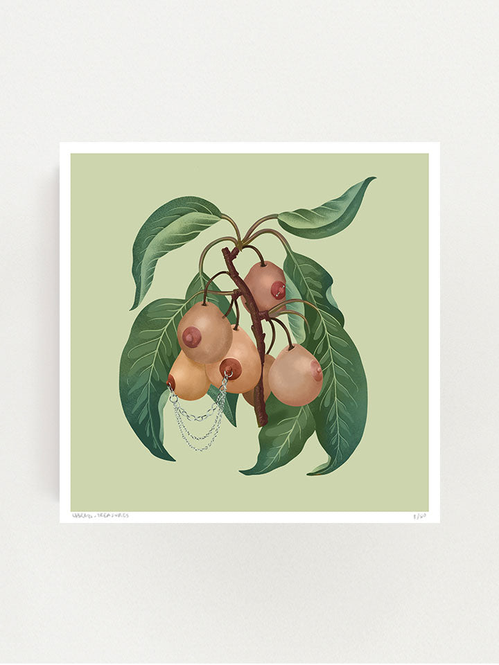 Mother Earth - Print wall art painting by Berlin-based artist Useless Treasures. Vintage-inspired botanical illustration of a cherry-shaped boobs woman's breasts with leaves and piercings. 