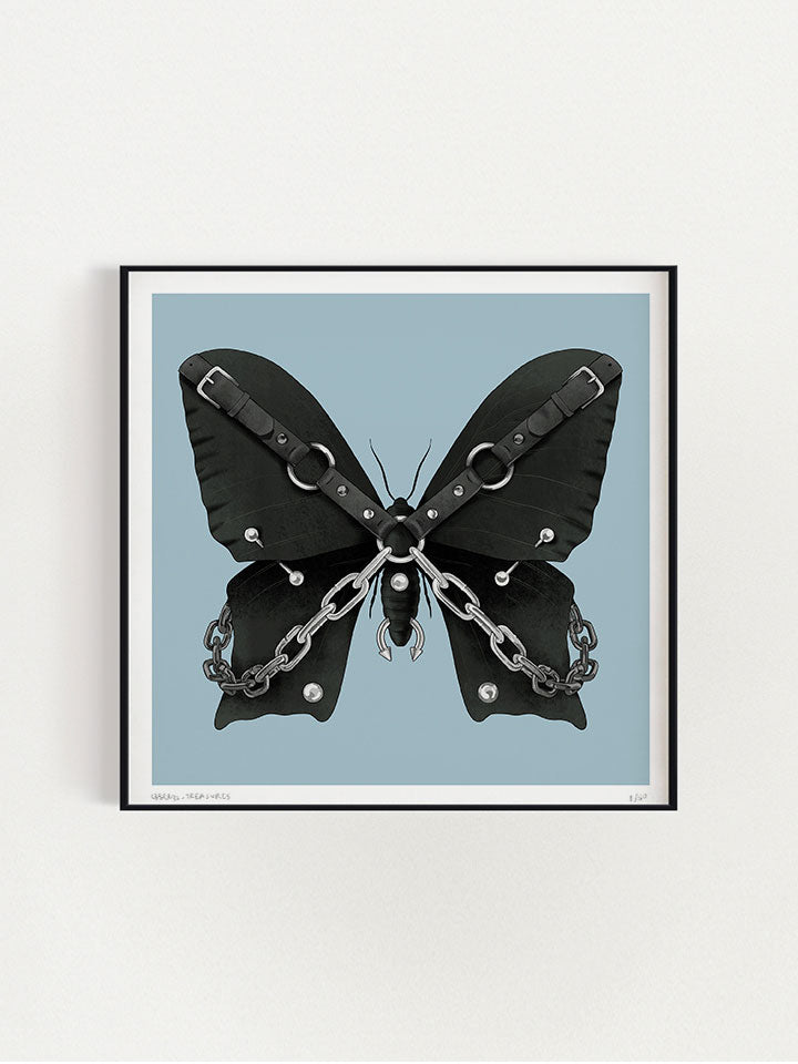 Black butterfly Illustration with hardness and chains on top of light blue background - Art by useless treasures