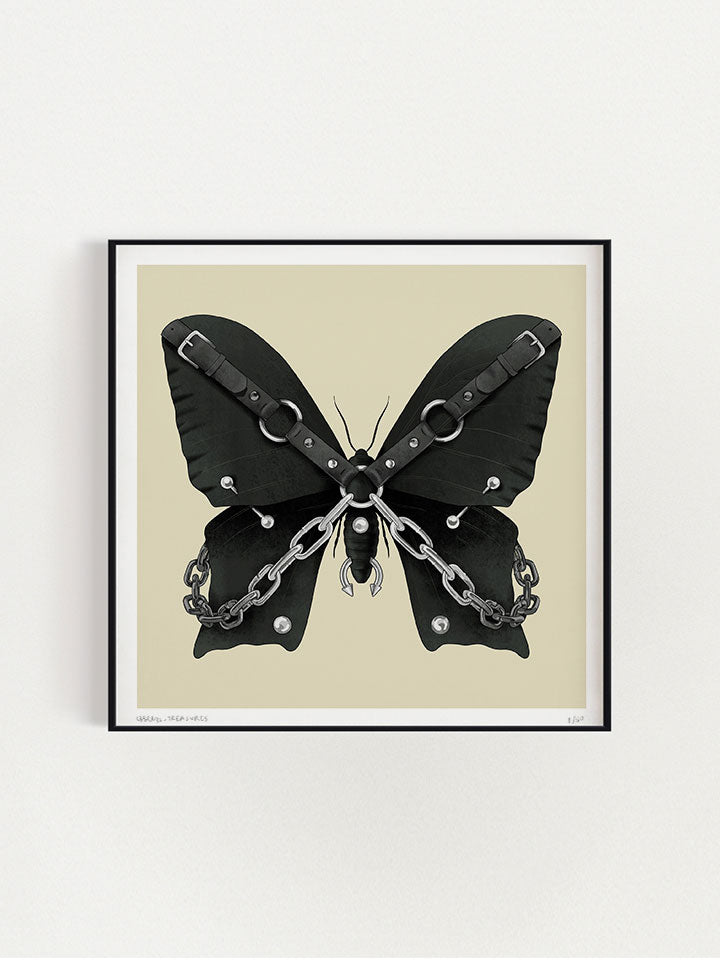 Black butterfly Illustration with hardness and chains on top of beige background - Art by useless treasures
