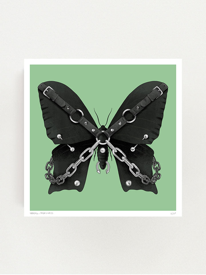 Black butterfly Illustration with hardness and chains on top of green background - Art by useless treasures