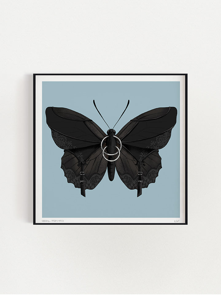 Black butterfly Illustration with black laces and piercings on top of light bule background - Art by useless treasures