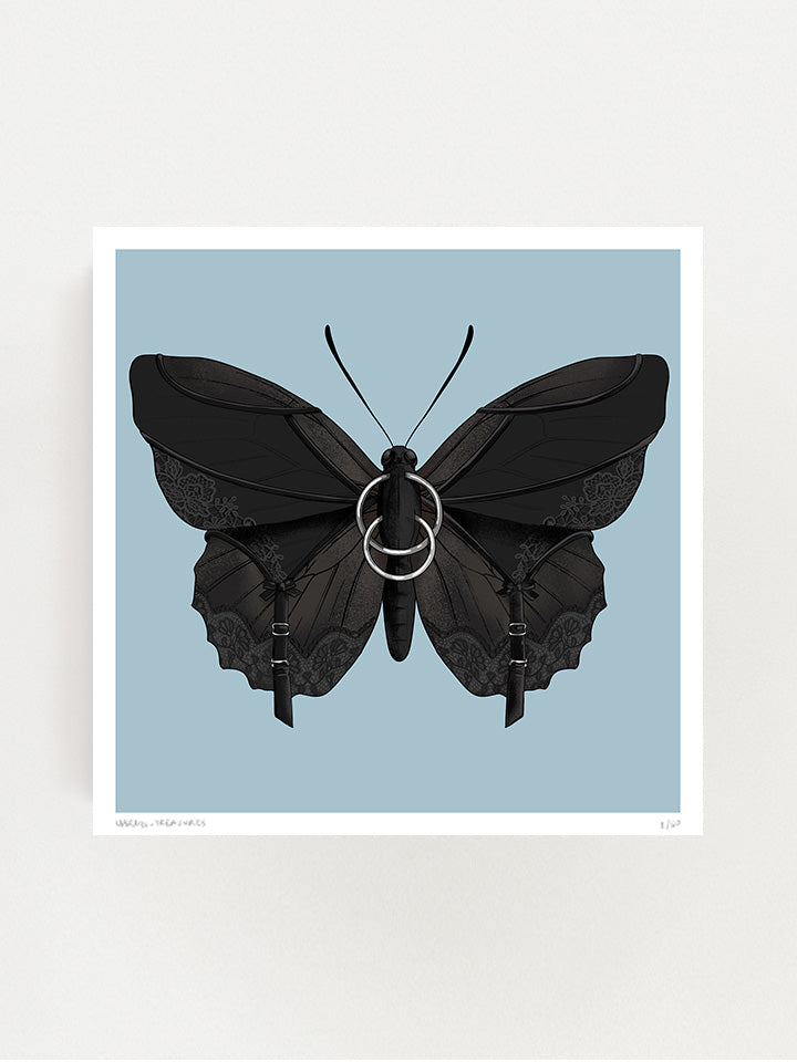 Black butterfly Illustration with black laces and piercings on top of light bule background - Art by useless treasures