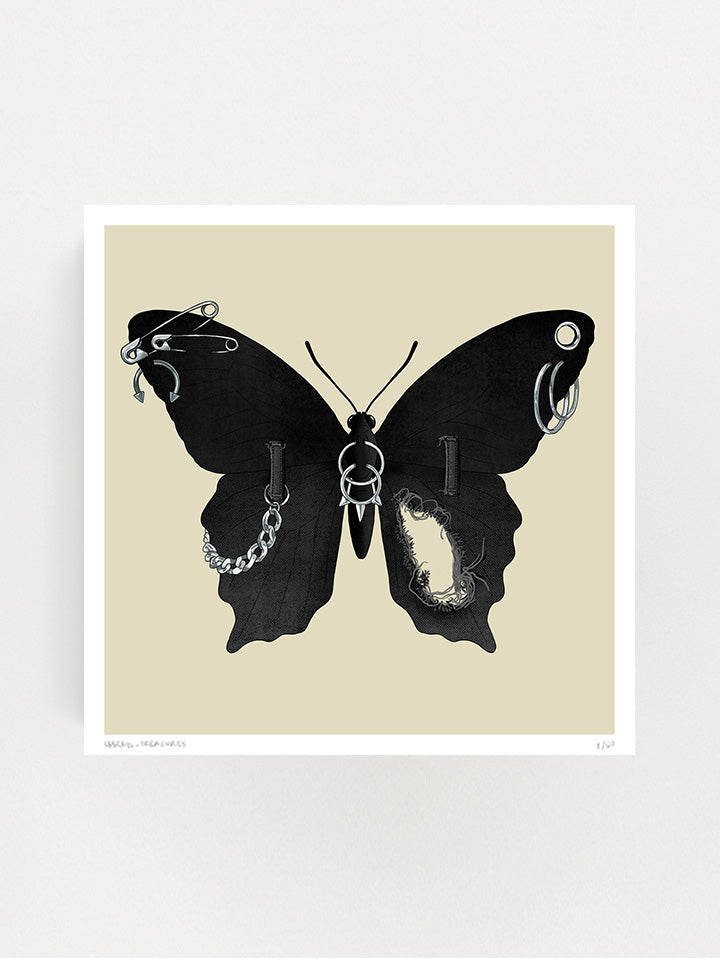 An illustration of a black Butterfly with wings made of black jeans with a tear in one wing and silver chain on the other wings connected to the jeans belt hops. It also has earrings like safety pins and piercing on top of a beige background- Art by useless treasures.
