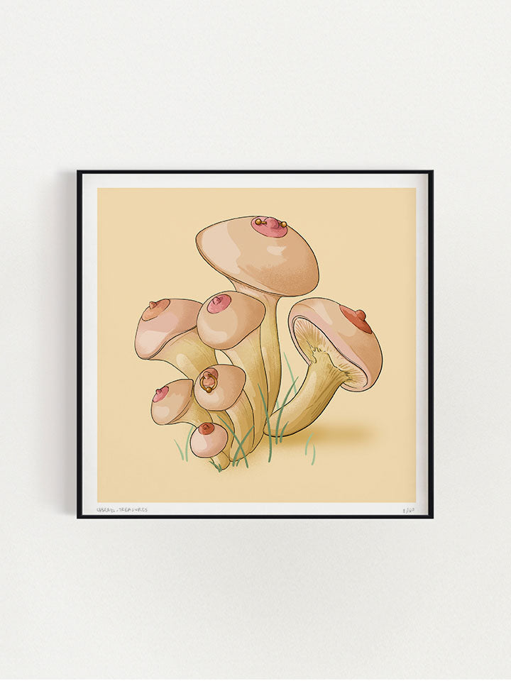 Springs - Print wall art painting by Berlin-based artist Useless Treasures. Vintage-inspired botanical illustration of a group of mushrooms with nipples and nipple piercings. 
