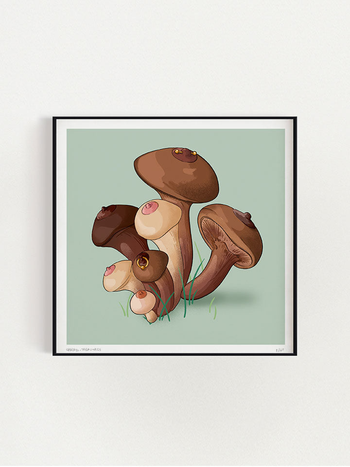 Springs - Print wall art painting by Berlin-based artist Useless Treasures. Vintage-inspired botanical illustration of a group of mushrooms with nipples and nipple piercings. 