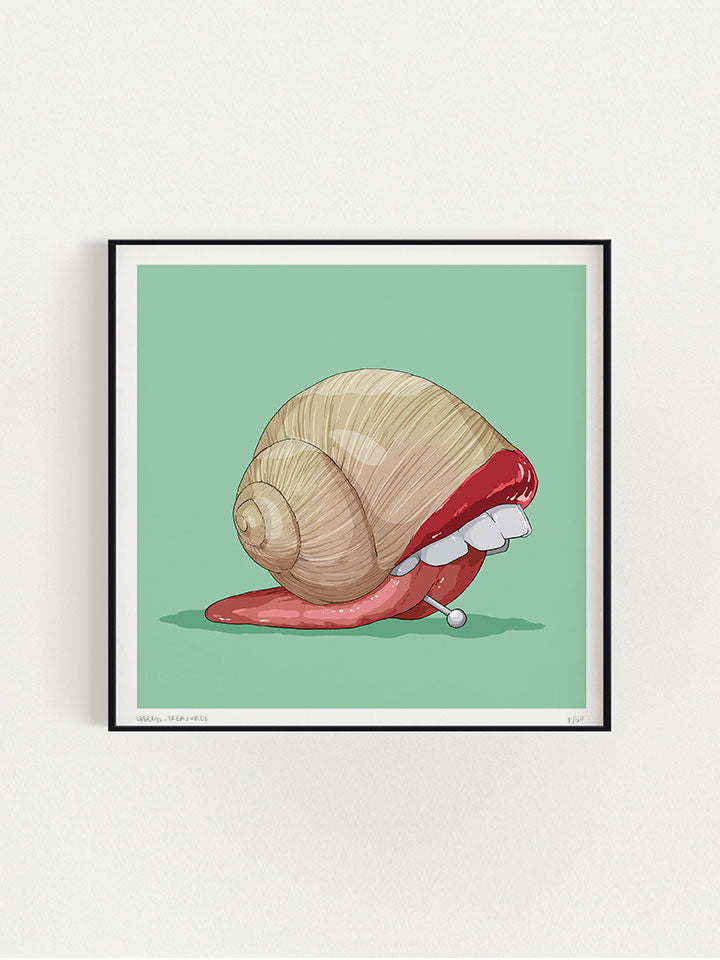 slow - rint original wall art painting by Berlin-based artist Useless Treasures. Pop art style illustration of a snail with a large tongue body with a piercing. 