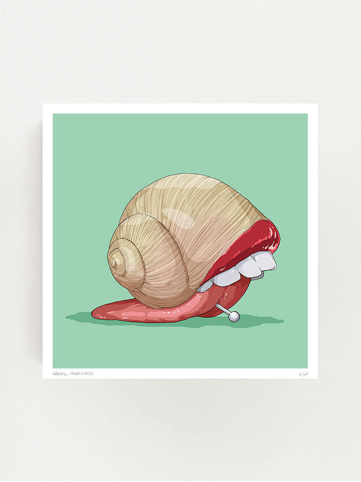 slow - rint original wall art painting by Berlin-based artist Useless Treasures. Pop art style illustration of a snail with a large tongue body with a piercing. 