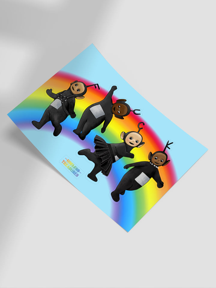 Shiny Vinyl- A6 sticker pack with an illustration of four   a  dress in black with black harness and wearing a hat with a letter that together says "FUCK" on top of rainbow color - Art by Useless Treasures 