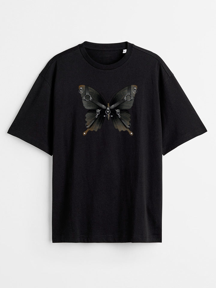 A Black oversize printed t-shirt. shirt with a print called "dark mode" of a black butterfly with harness illustration by useless treasures. Organic cotton, loose fit.