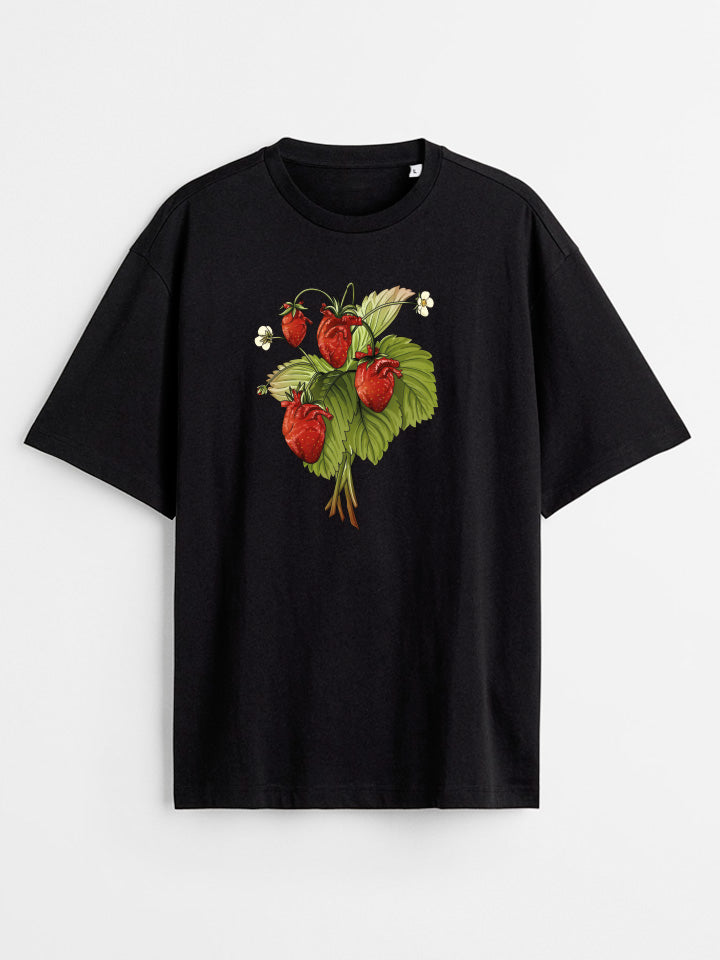 A Black oversize printed T-shirt. Short sleeve Shirt with a print called "sweethearts" of a bouquet of human heart strawberries. Surreal illustration by useless treasures. Organic cotton, loose fit.
