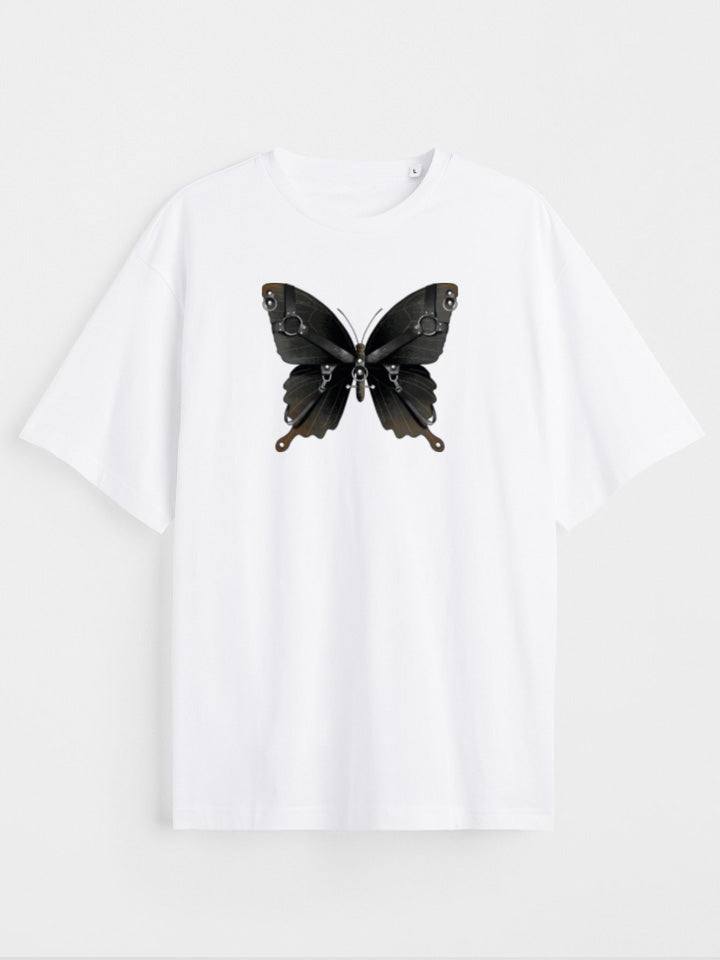 A White oversize printed t-shirt. shirt with a print called "dark mode" of a black butterfly with harness illustration by useless treasures. Organic cotton, loose fit.