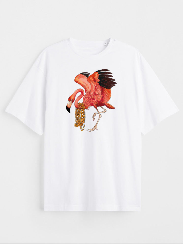 A White oversize printed T-shirt. Short sleeve Shirt with a print called "heavy weight" of bright pink flamingo wearing a log of gold chains on its neck. Illustration by useless treasures. Organic cotton, loose fit.