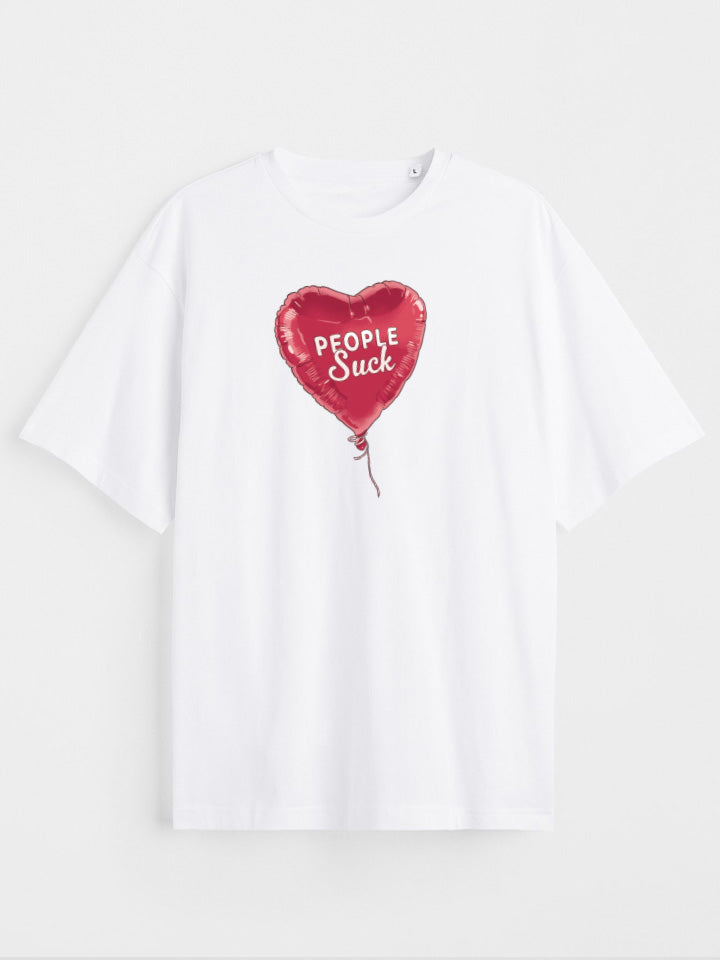 A White oversize printed T-shirt. Short sleeve Shirt with a print called "People Suck" of heart-shaped red, pink helium aluminum ballon with a text saying people suck. Illustration by useless treasures. Organic cotton, loose fit.