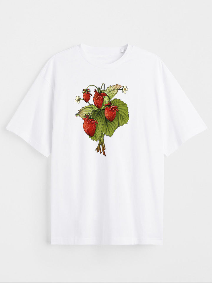 A White oversize printed T-shirt. Short sleeve Shirt with a print called "sweethearts" of a bouquet of human heart strawberries. Surreal illustration by useless treasures. Organic cotton, loose fit.